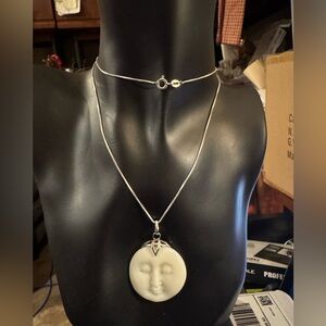Sterling Silver Carved Bali Goddess Face Moon Pendant necklace 925